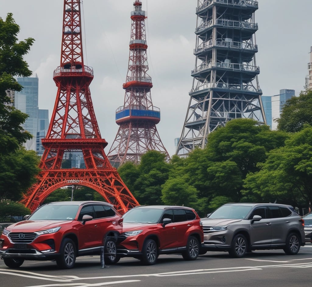A modern showroom displaying various imported cars and SUVs.