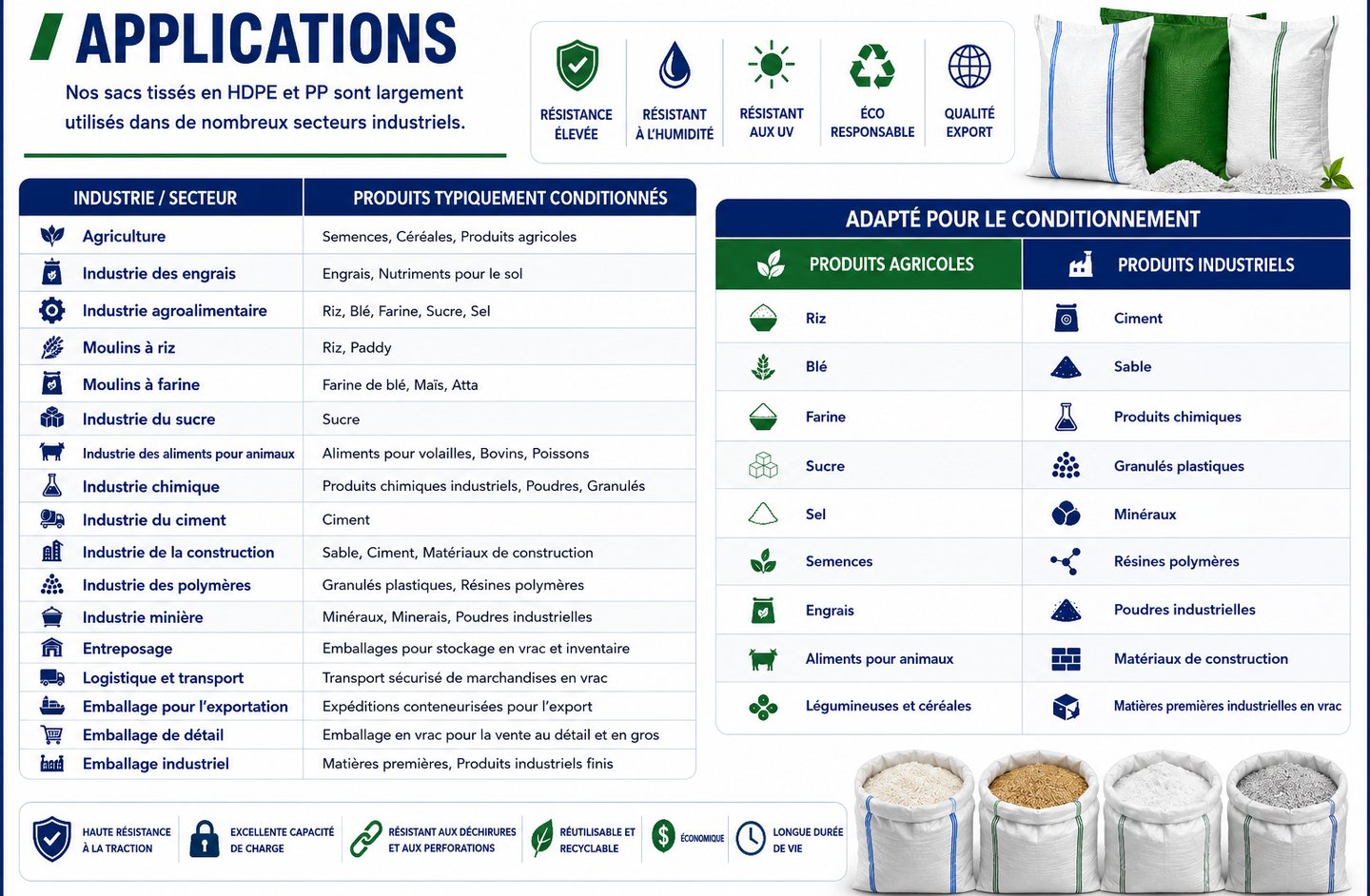 Industrial chart showing HDPE and PP woven bag applications for agriculture, chemicals, and construction materials.