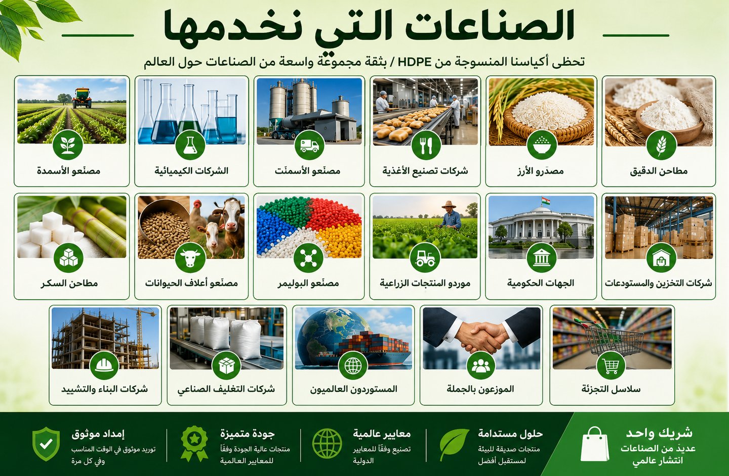 Arabic infographic showcasing global HDPE woven bag industrial applications for food, chemicals, and construction.
