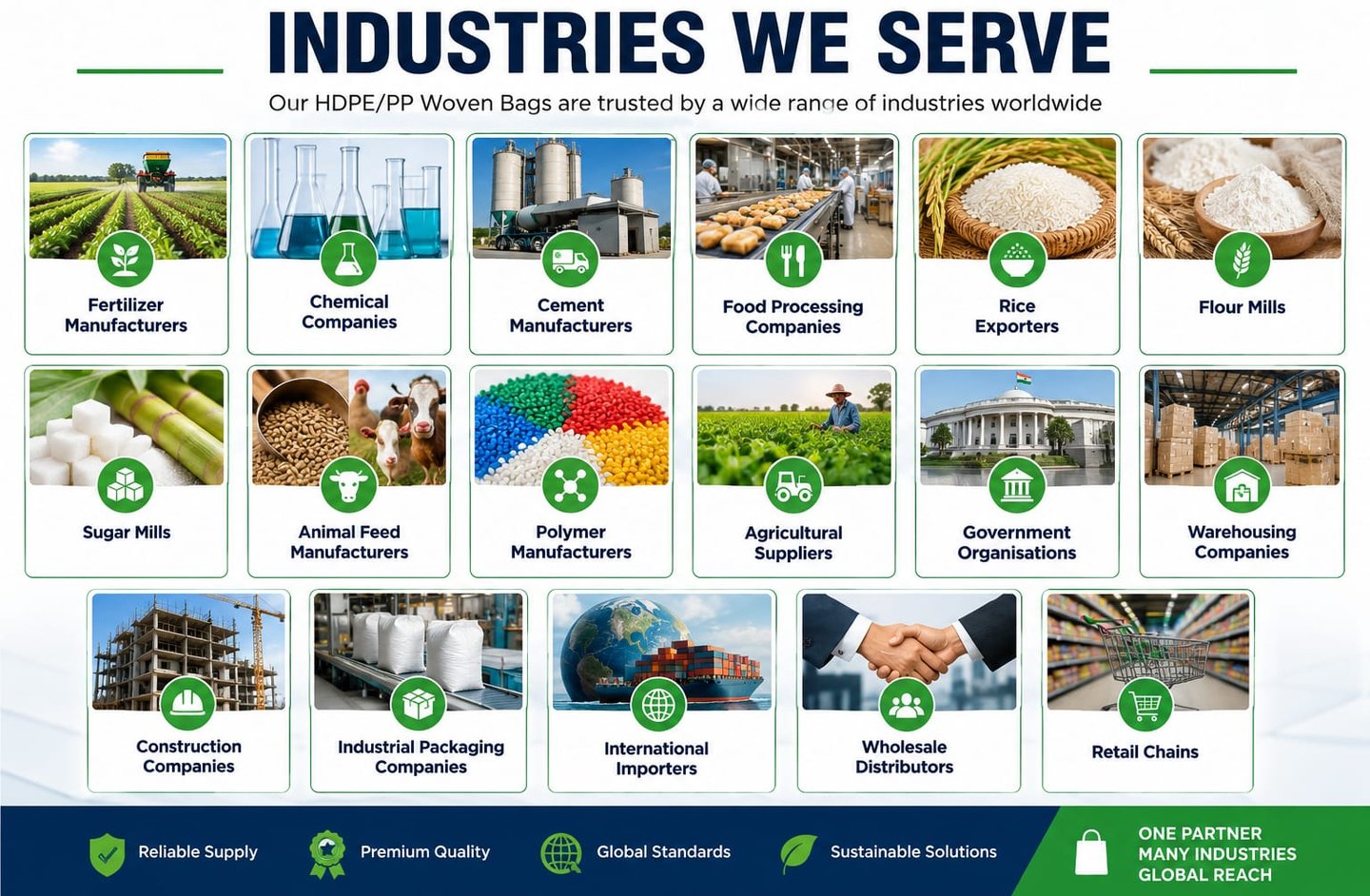 Infographic showing industries served by HDPE and PP woven bags, including agriculture, food processing, and chemical