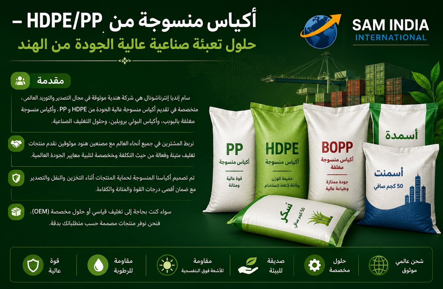 Industrial PP, HDPE, and BOPP woven bags from Sam India International for shipping cement and fertilizer.