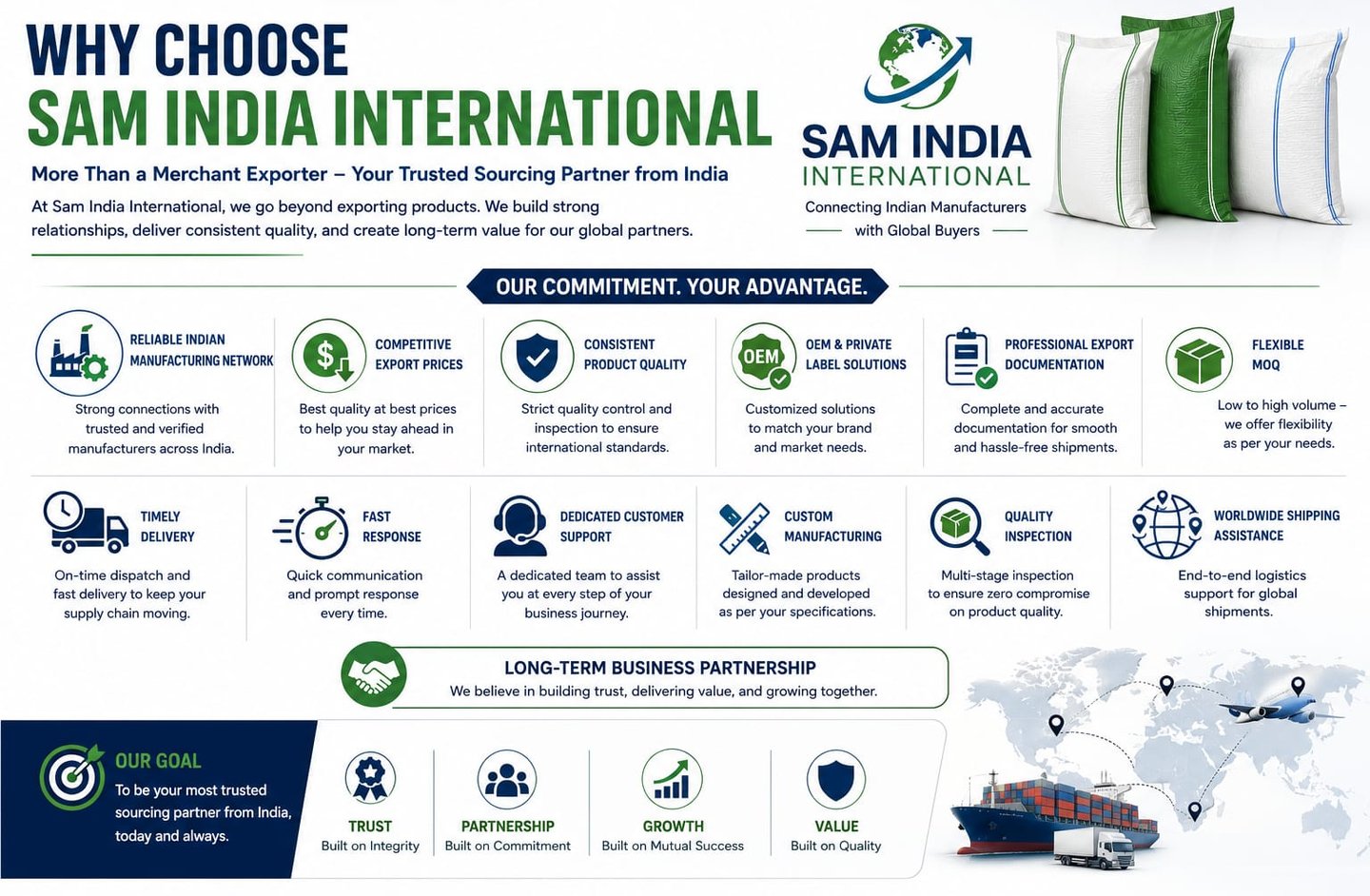 Sam India International infographic outlining export services like custom manufacturing and global shipping solutions.