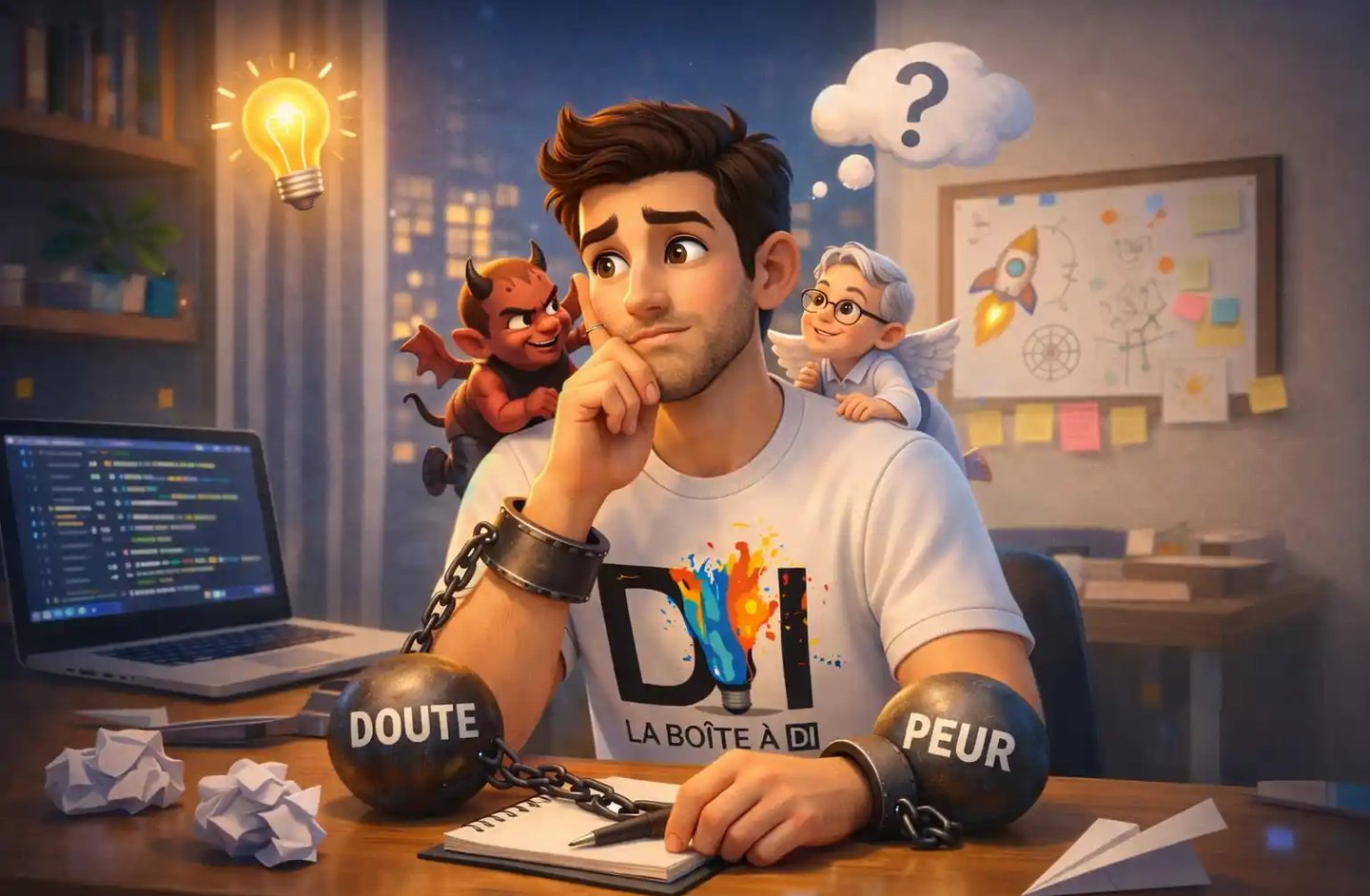 Hésitation avant une reconversion numérique après 40 ans, illustrée par Dam freiné par le doute, logo La Boîte à DI