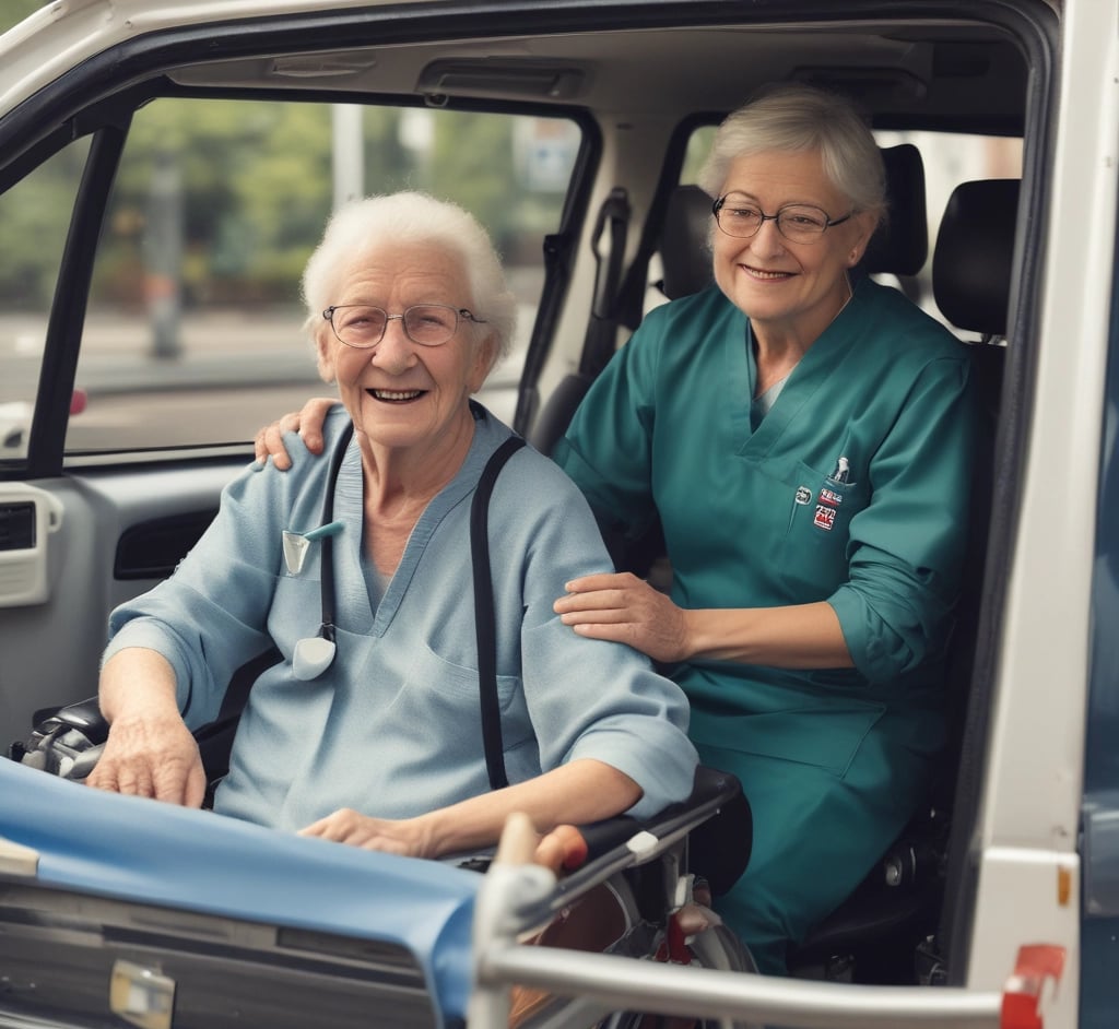 A friendly driver assisting a patient into a comfortable medical transport vehicle.