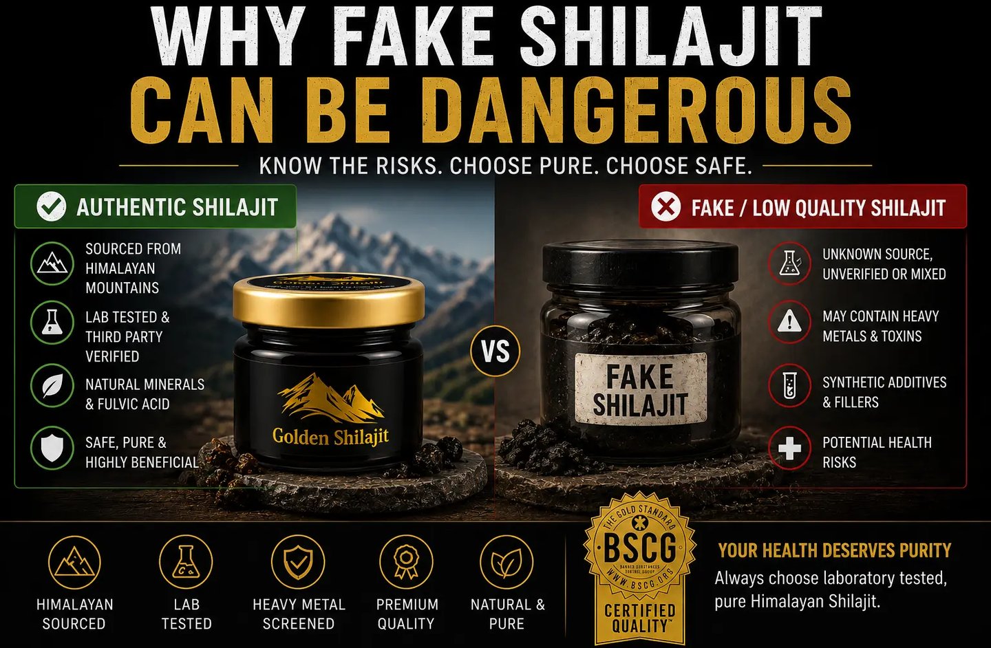 Comparison infographic showing the benefits of authentic Himalayan shilajit resin versus the health risks of fake shilajit.