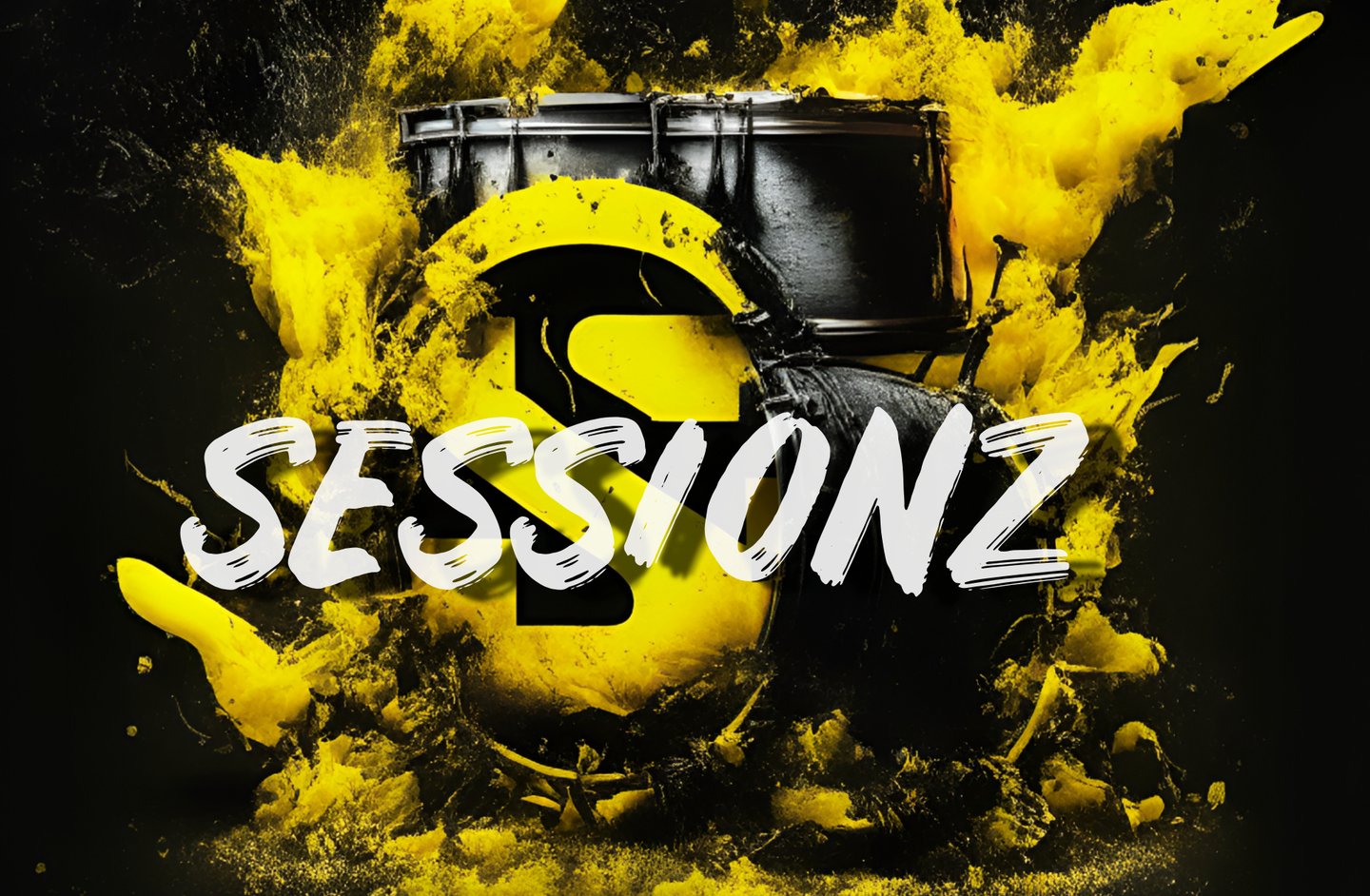 Artwork for Sessionz music artist. Black drums with a letter S on the front, yellow explosion behind