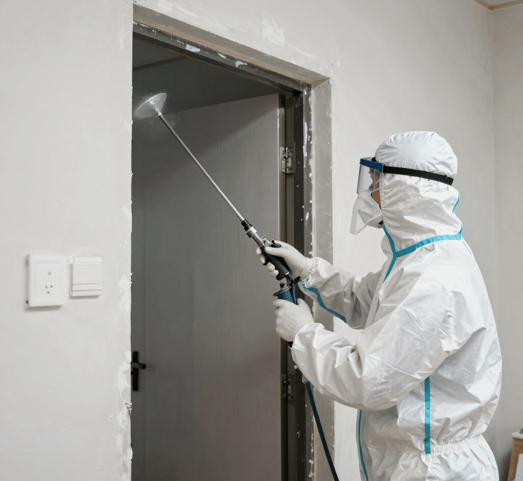 Professional painter in protective gear uses an airless sprayer to apply gray paint to a concrete block wall.