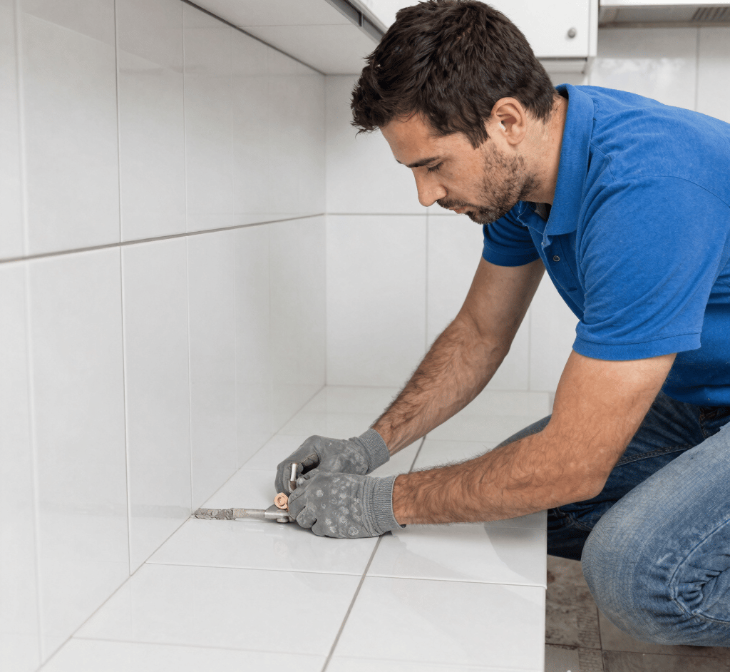Professional painter in protective gear uses an airless sprayer to apply gray paint to a concrete block wall.