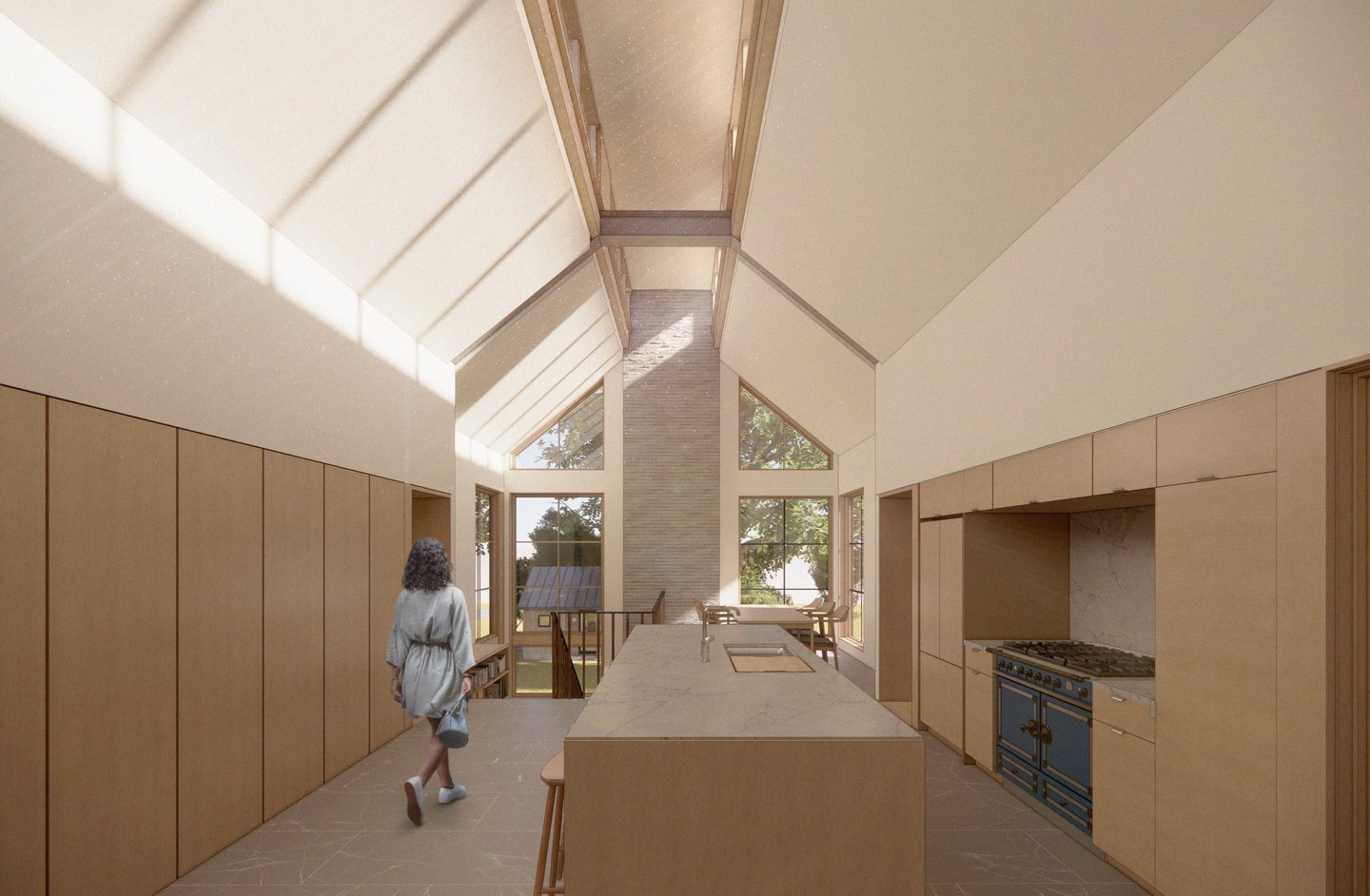 Modern minimalist kitchen with vaulted ceilings, large skylights, and a central wooden island.
