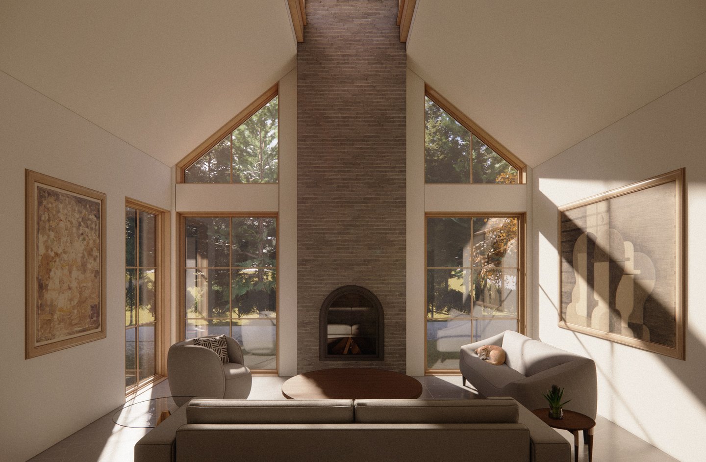 Modern rustic living room with a tall stone fireplace, vaulted ceilings, and large windows.