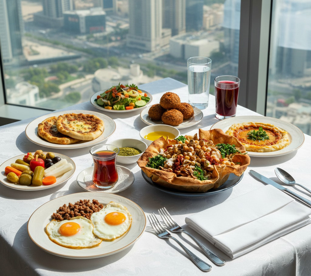 تصوير فوتوغرافي احترافي لفطور عربي شامي فاخر: خدمات تصوير طعام للمطاعم في الرياض.