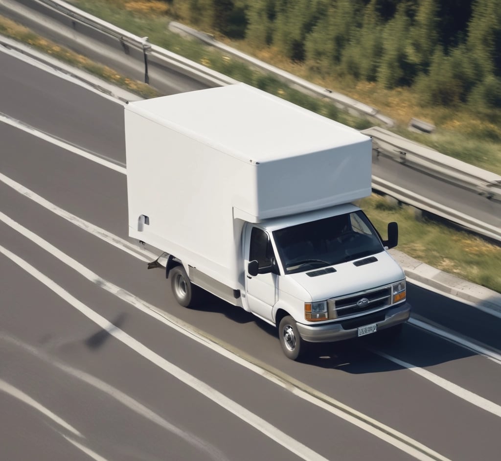 A bright delivery truck adorned with blue and orange branding driving through a scenic cityscape.