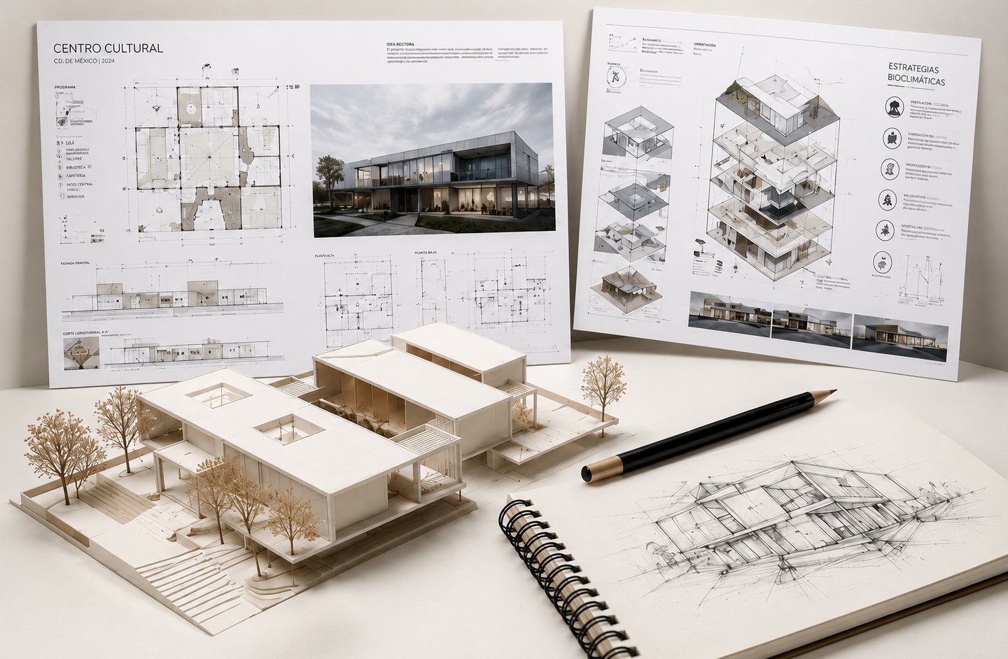 Maqueta arquitectónica y bocetos para el diseño de un centro cultural moderno, incluyendo planos de 