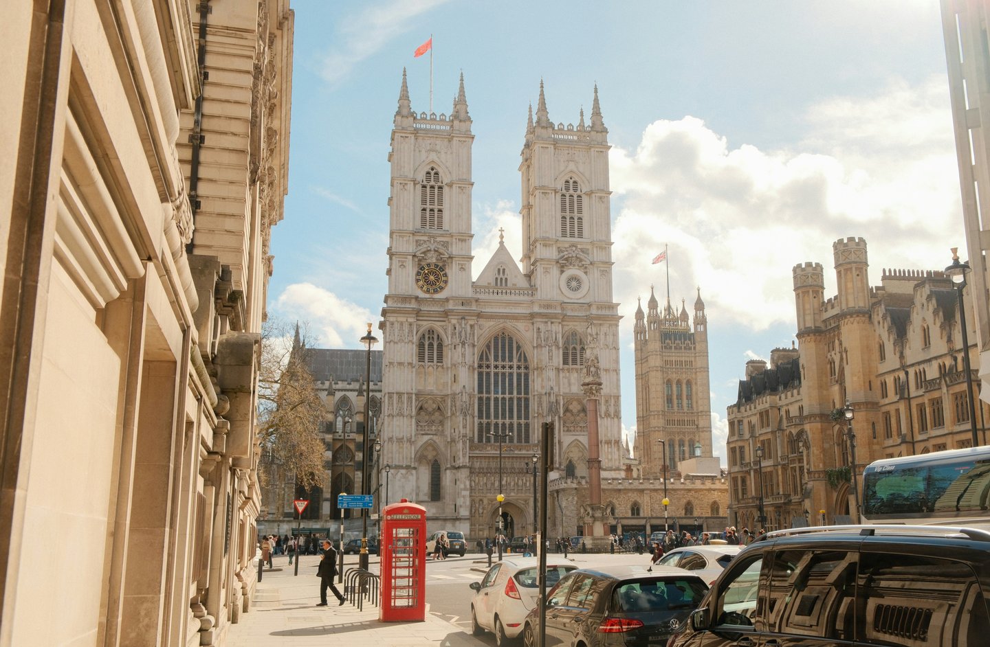 Westminster Abbey Gothic facade with twin towers and ornate medieval architecture London