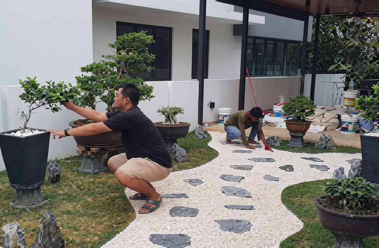 Bonsai garden installation at Laman Granview Selangor featuring potted trees and white gravel path.