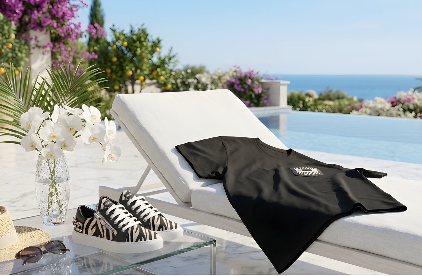 Stylish black t-shirt and zebra print sneakers by a luxury poolside resort terrace with ocean views.