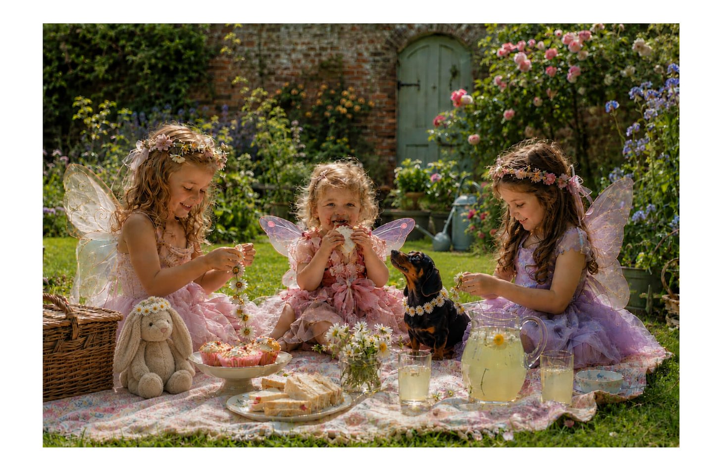 Three little girls dressed as fairies enjoy a picnic with a dachshund wearing a daisy chain & a bunny toy in a walled garden.