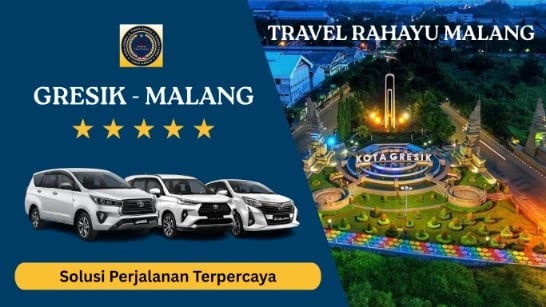 Spanduk Travel Rahayu Malang rute Gresik-Malang pakai mobil Innova dan landmark Kota Gresik