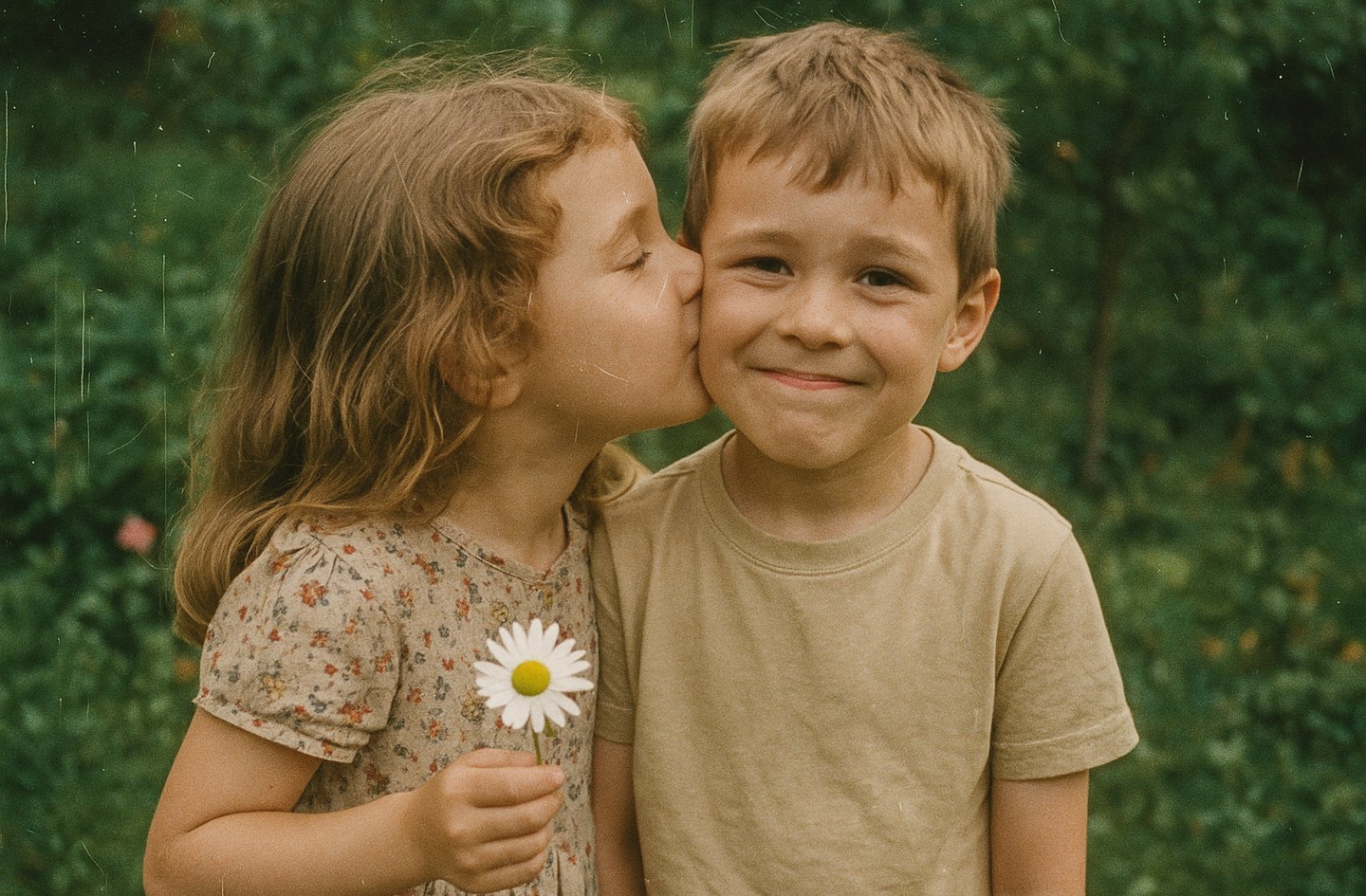 une copine fait un bisou à son copain et lui offre une fleur pour la journée du petit copain.