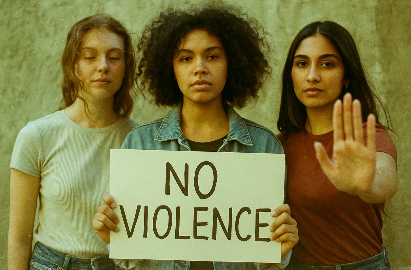 Trois femmes avec un panneau "No Violence" pour la journée internationale de la non-violence.