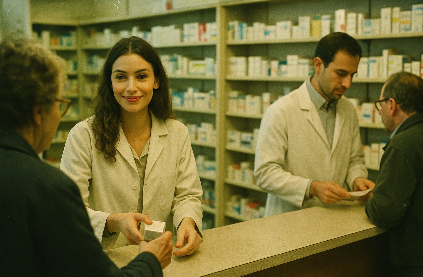 Pharmacienne et pharmacien au comptoir d'une pharmacie, pour la journée mondiale des pharmaciens.