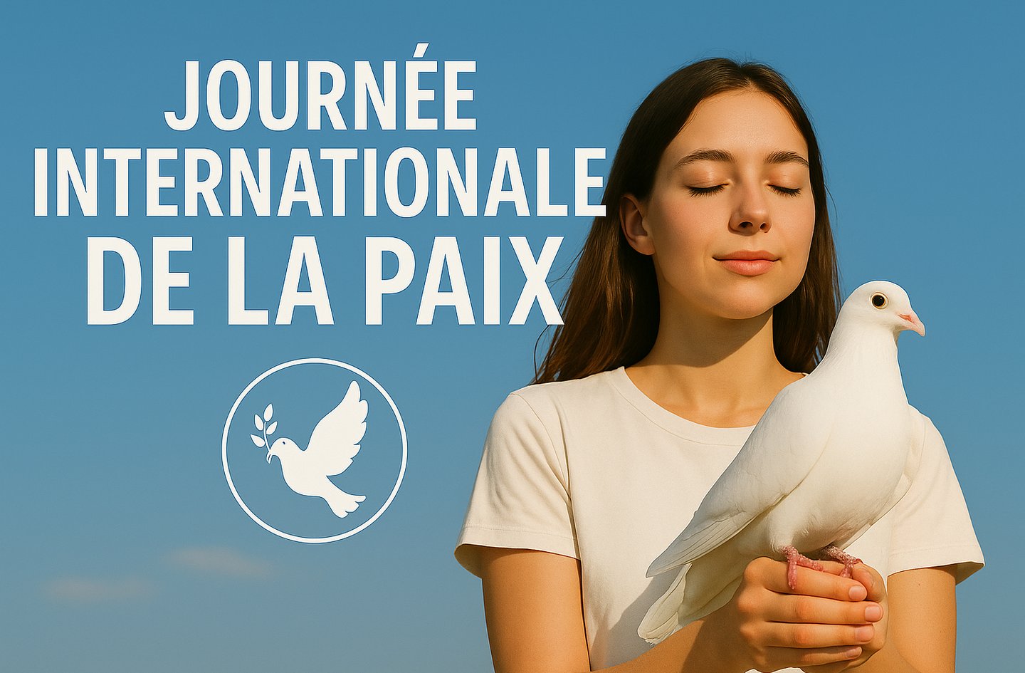 Une femme avec une colombe blanche pour la journée internationale de la paix.