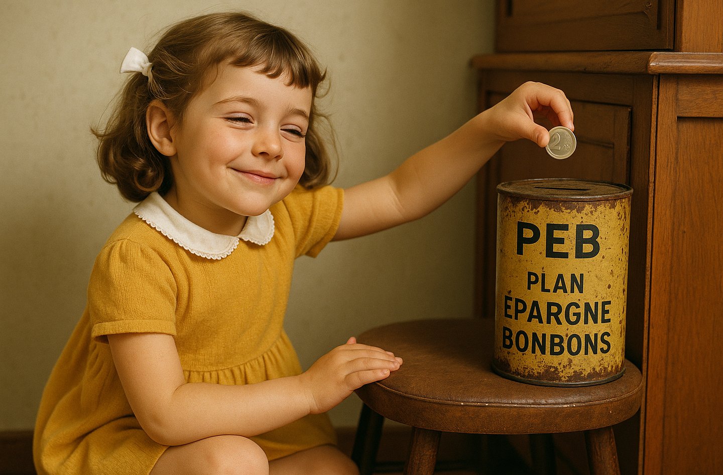 Petite fille met une pièce dans une tirelire "Plan épargne Bonbons"  - Journée mondiale de l'épargne