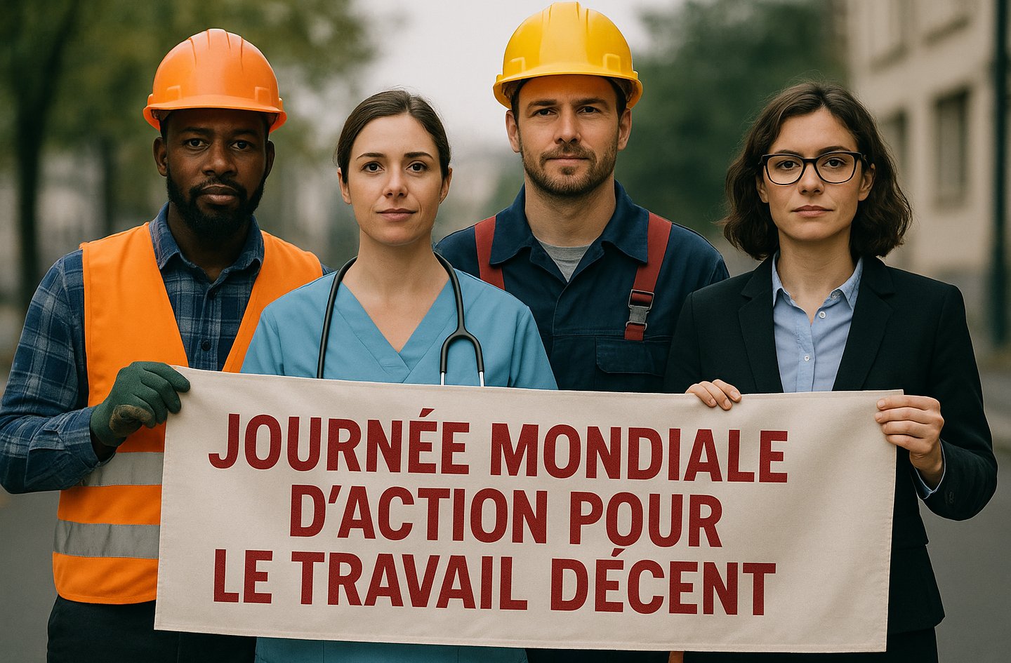 Travailleurs de divers secteurs d'activités pour la journée mondiale d'action pour le travail décent