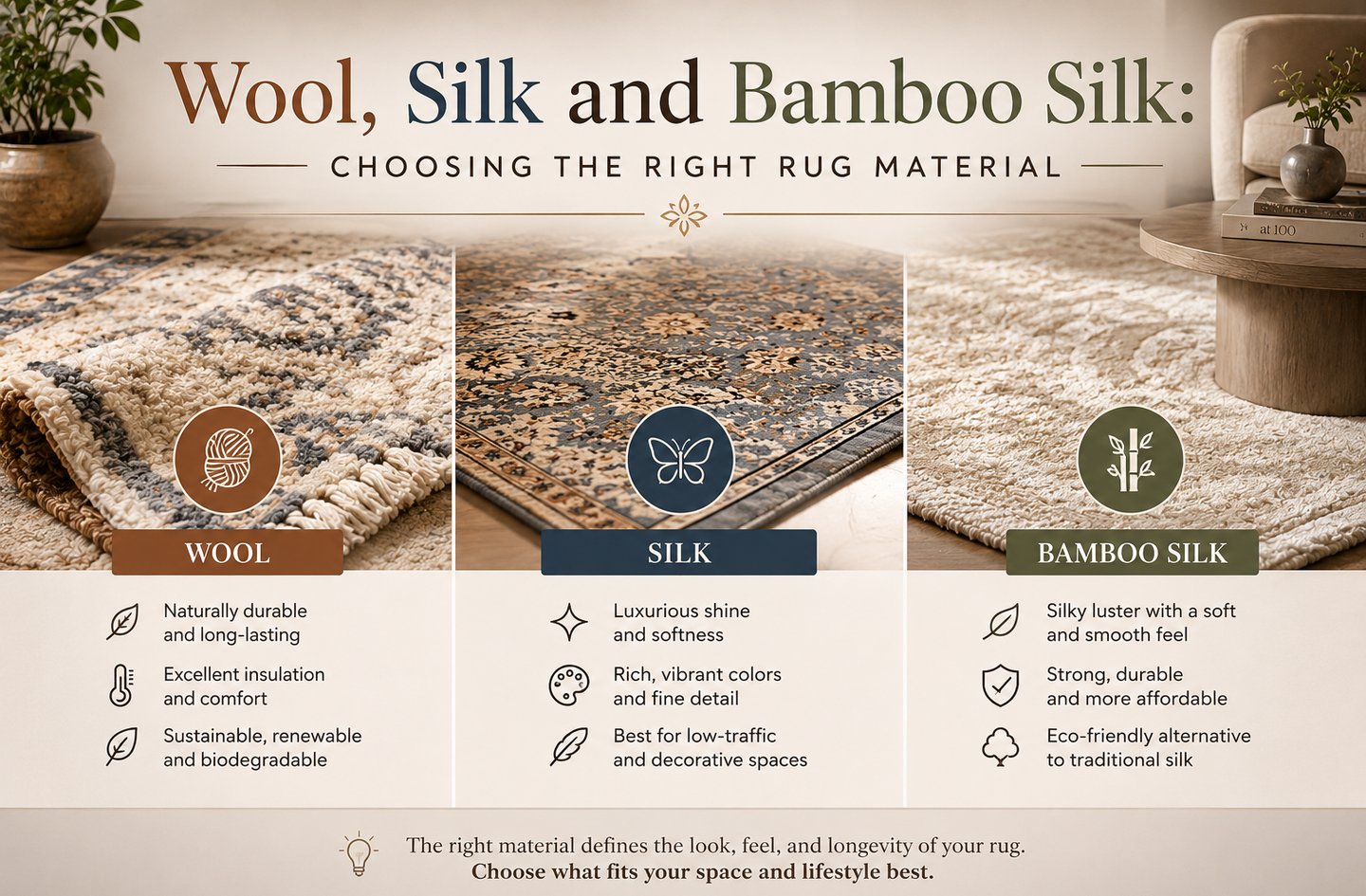 Choosing the right rug material with wool, silk, and bamboo silk rug texture comparison for home int