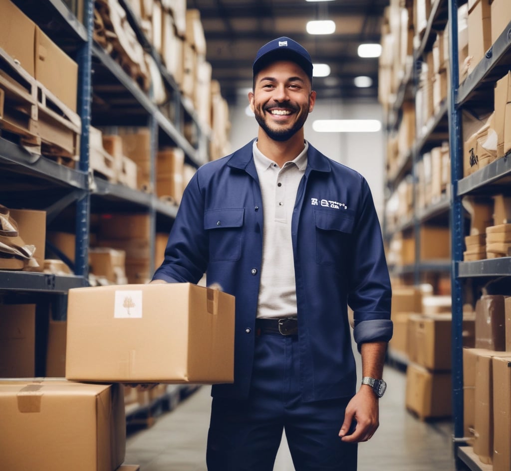 A delivery courier handing a package to a smiling customer at their doorstep in front of a cozy home.