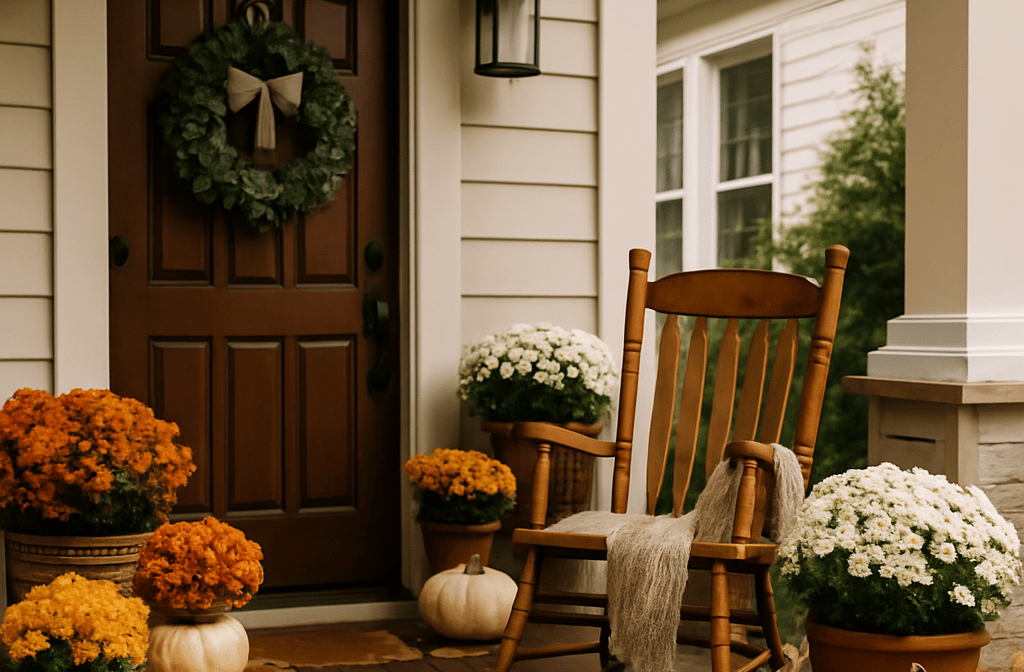 Inviting fall porch with rocking chair, stacked pumpkins, potted white and orange mums, door wreath,