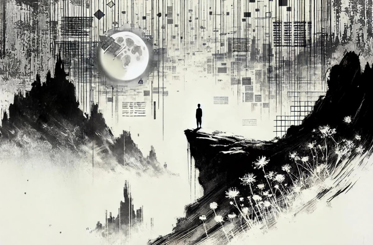 a man standing on a cliff overlooking a city