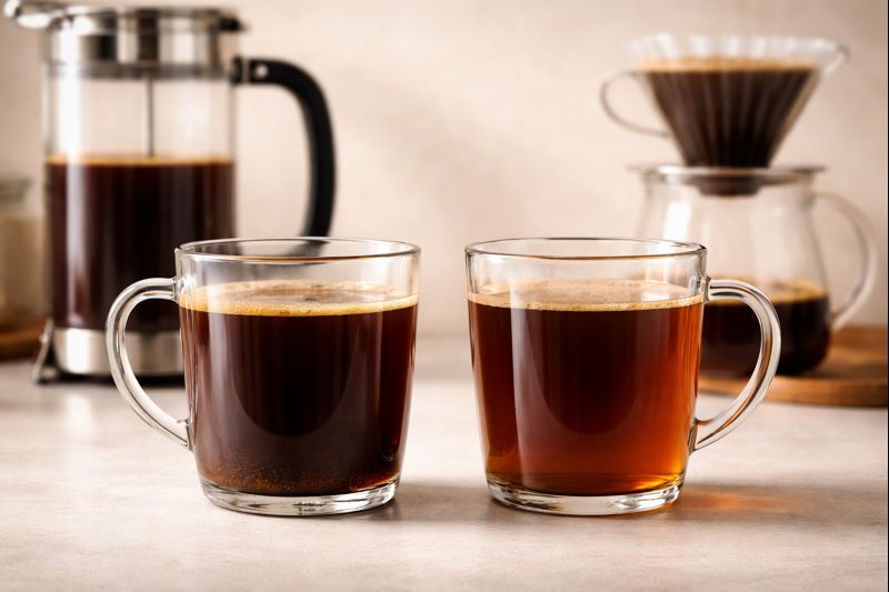 Comparação entre café de prensa francesa e café filtrado mostrando diferenças de corpo