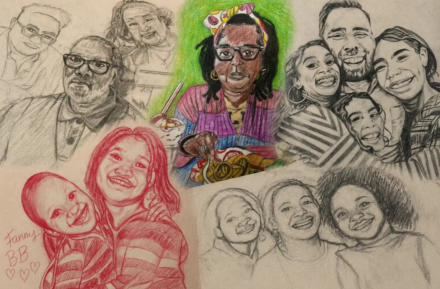 A colorful collage of hand-drawn sketches and pencil portraits of smiling diverse families and friends.