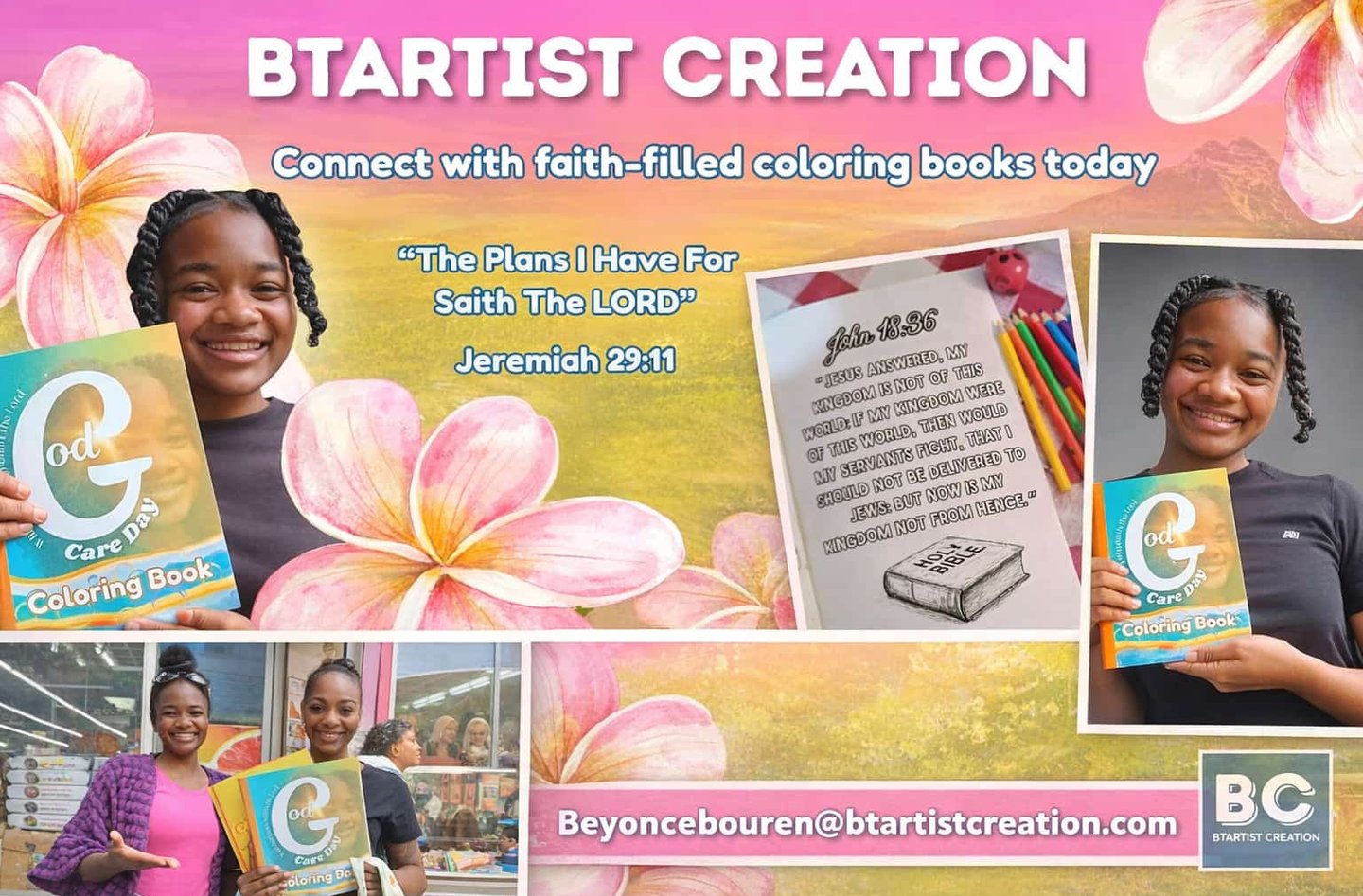 Young girl holding a God Care Day coloring book by BTArtist Creation featuring faith-filled Bible verses.