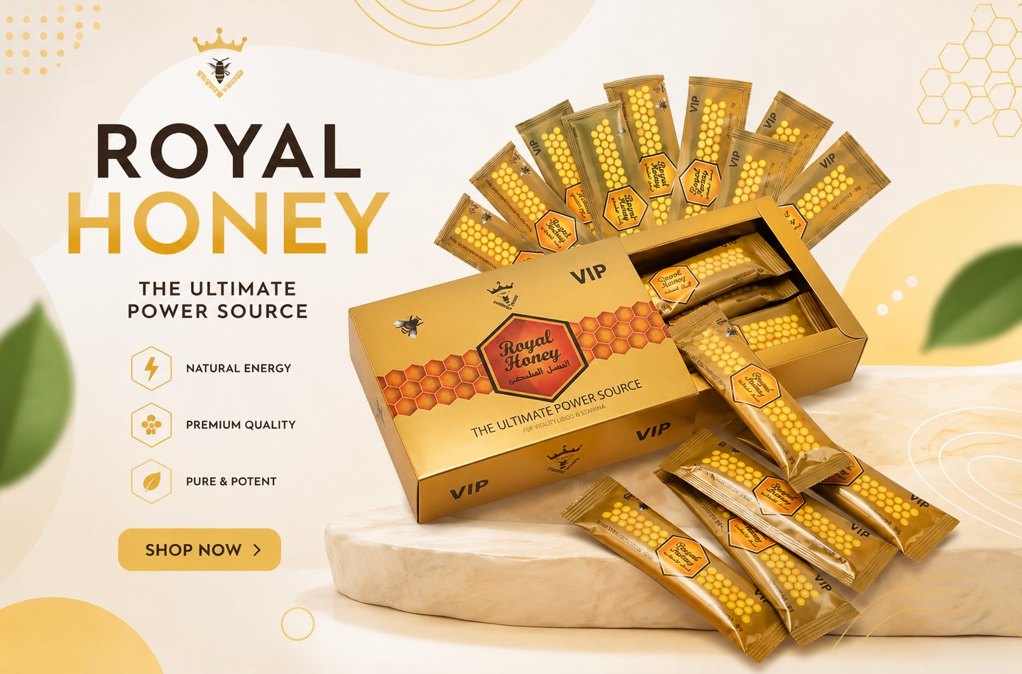 Box and individual sachets of VIP Royal Honey natural energy supplement for vitality and stamina.