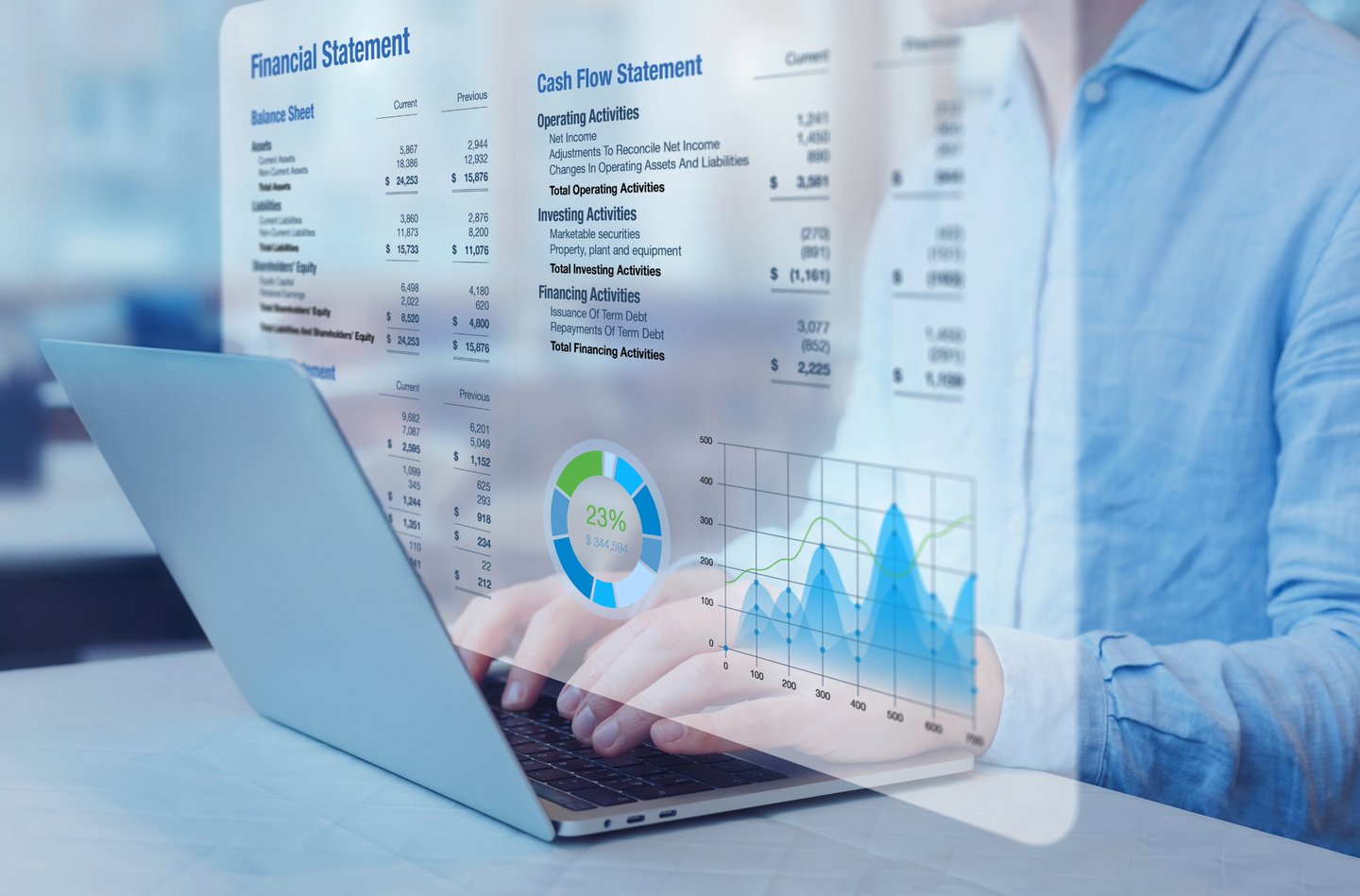 Financial statements, cashflow statement, and balance sheet are displayed as part of services