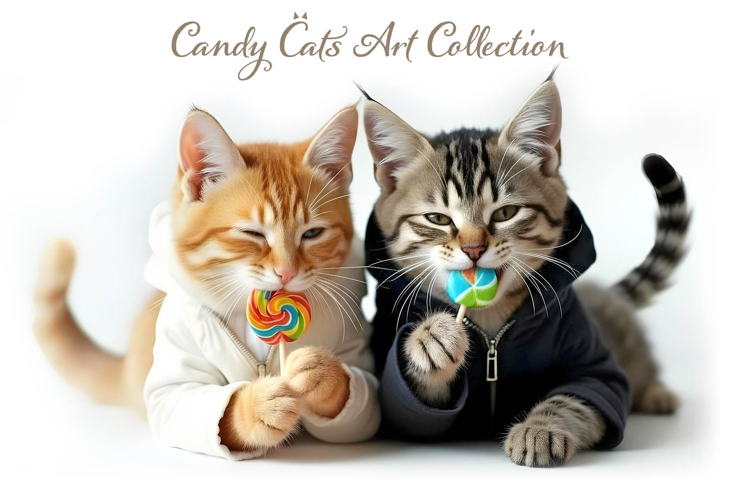 Two tabby cats in casual dresses enjoying sweets