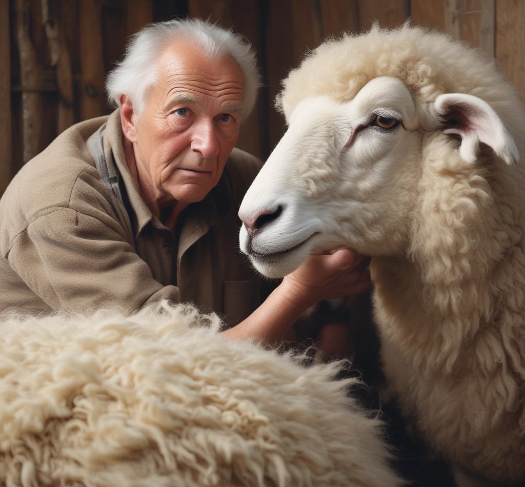 a group of people standing around a pile of wool