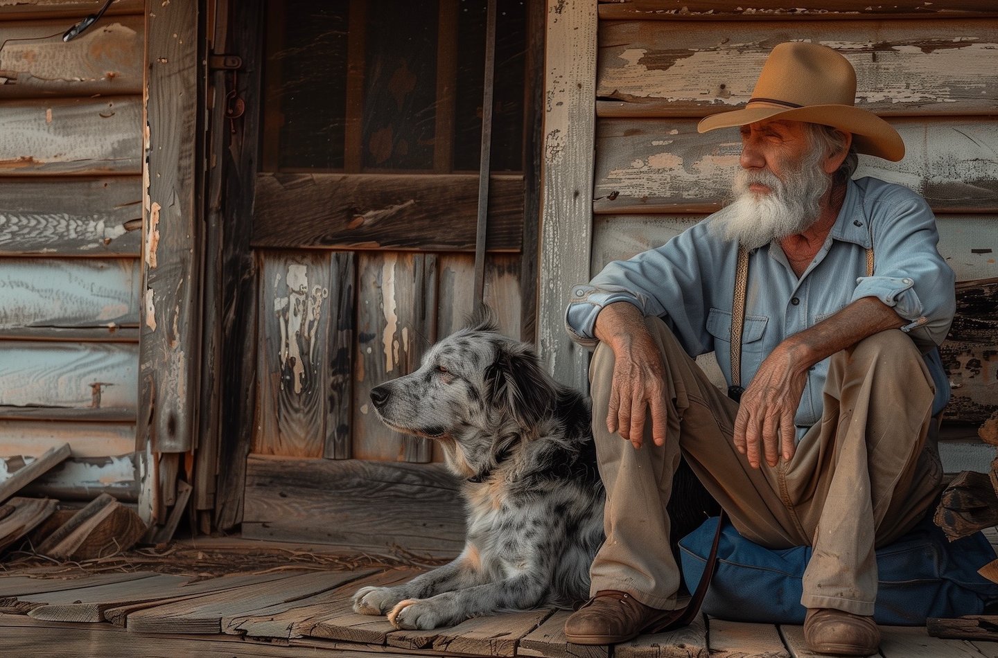 Australian farmhand Wallace with his blue heeler sitting on the homestead verandah