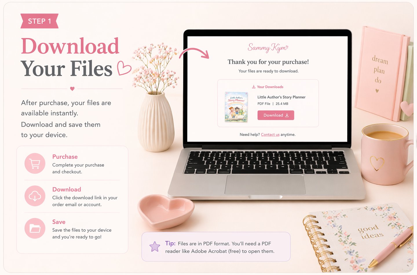 Step-by-step instructions to download a digital story planner PDF on a laptop at a desk with cozy office supplies.