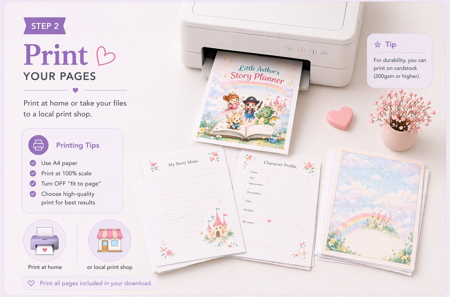 A home printer printing a colorful story planner for kids with character profile pages and writing tips.