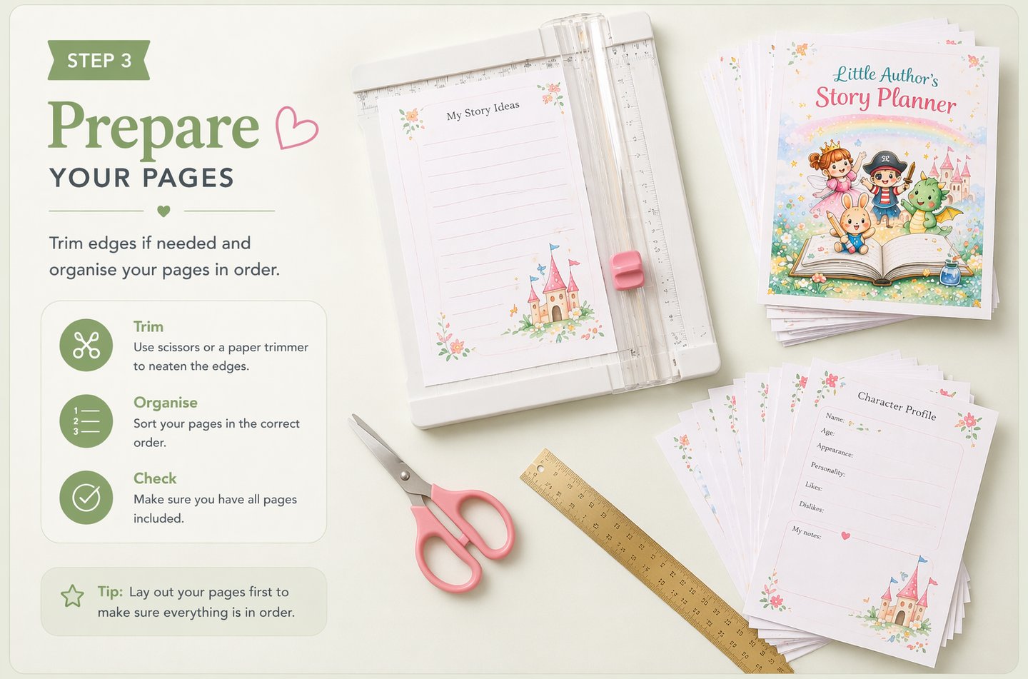 A paper trimmer, scissors, and ruler used to prepare pages for a children's story planner kit.