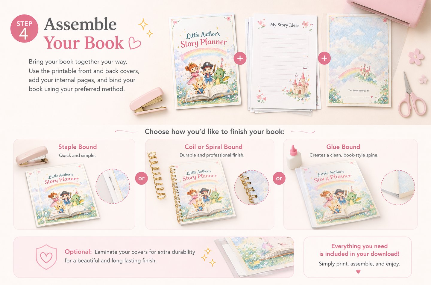 Infographic showing how to assemble a DIY children's story planner using staple, spiral, or glue binding methods.