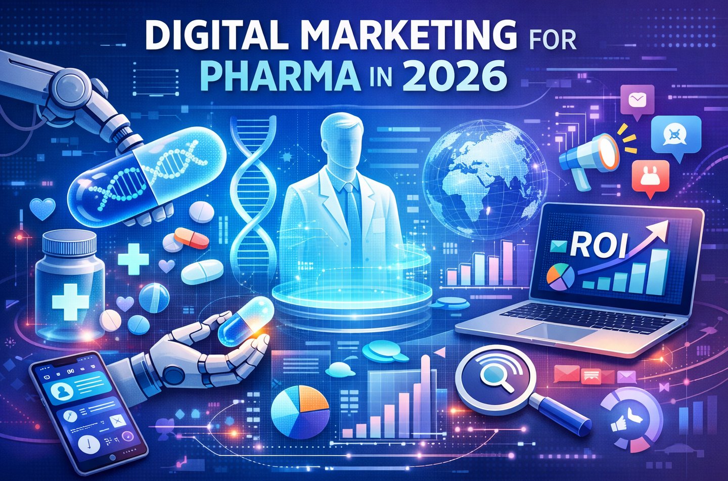 Digital marketing for pharma in 2026 graphic showing AI data analytics, ROI charts, and medical technology.