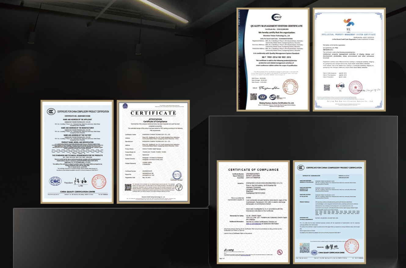 ClaraTech international compliance certificates including CE, FCC, RoHS, and UL for touch systems.
