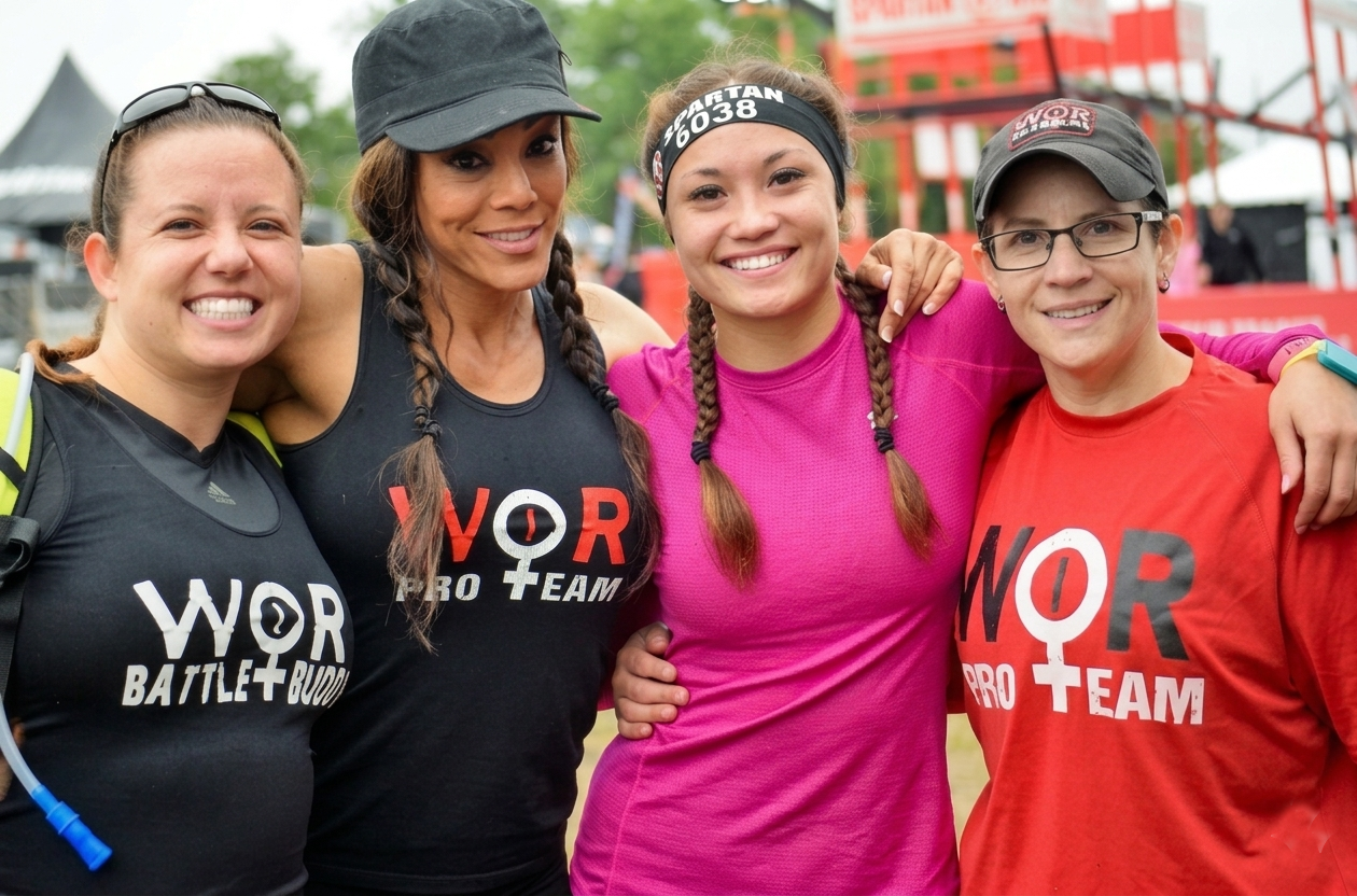 Smiling female athletes from the WOR Pro Team posing together at a Spartan obstacle course race.