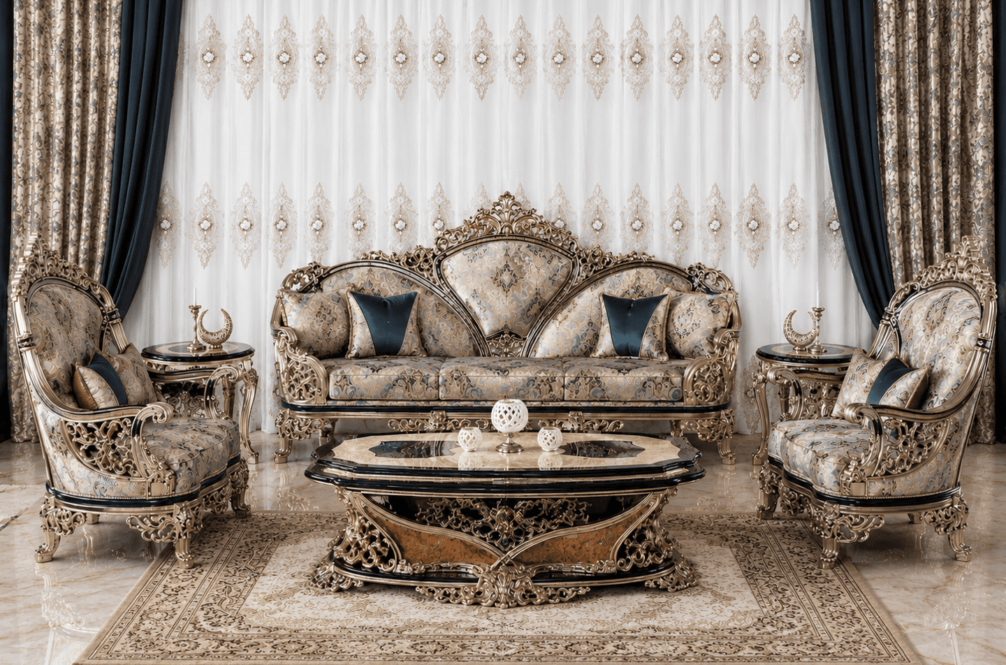 Luxury classical living room set with ornate gold-carved sofa, armchairs, and coffee table.