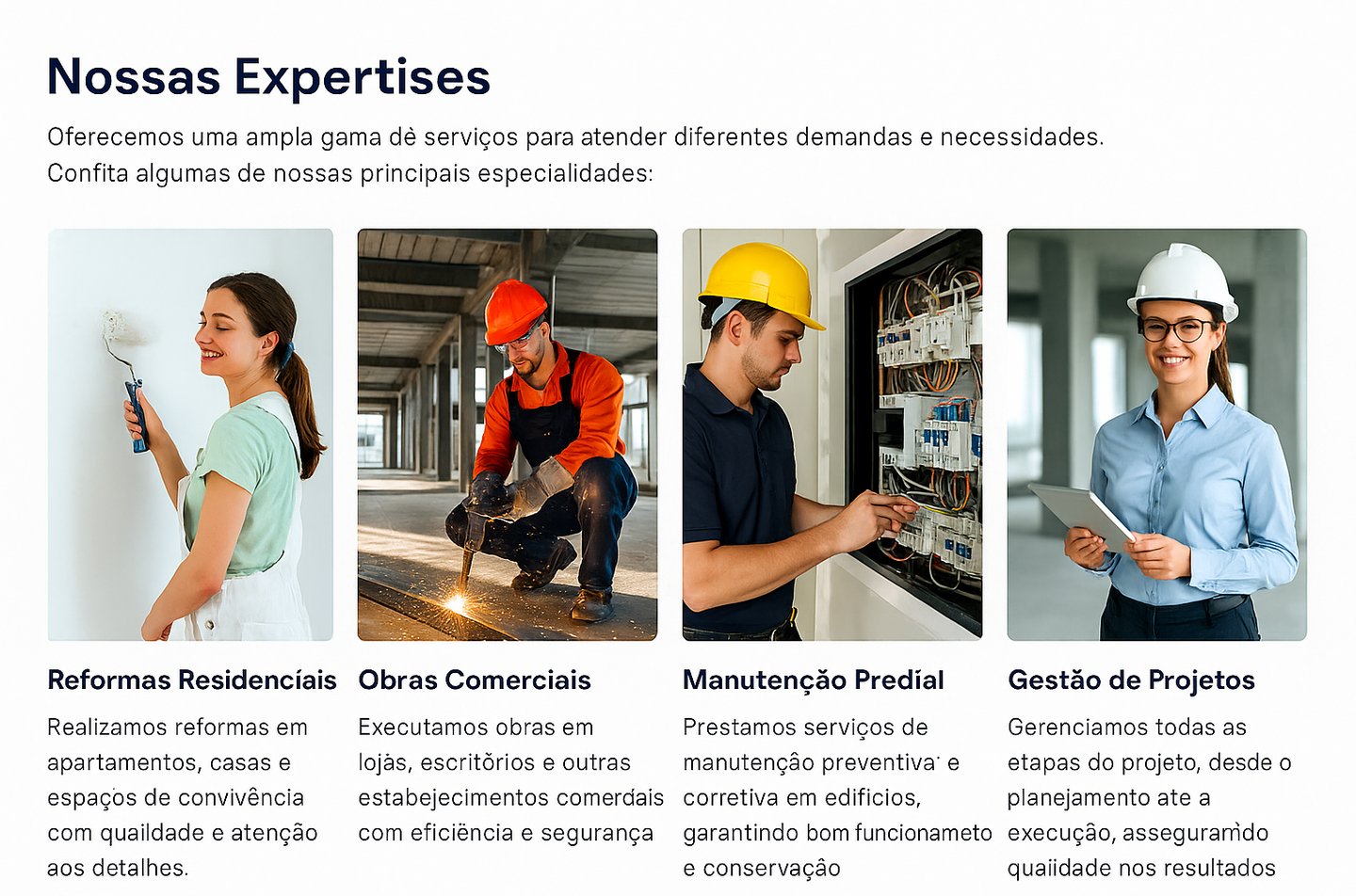 Equipe administrativa da RM Construções trabalhando em escritório padronizado com uniformes oficiais