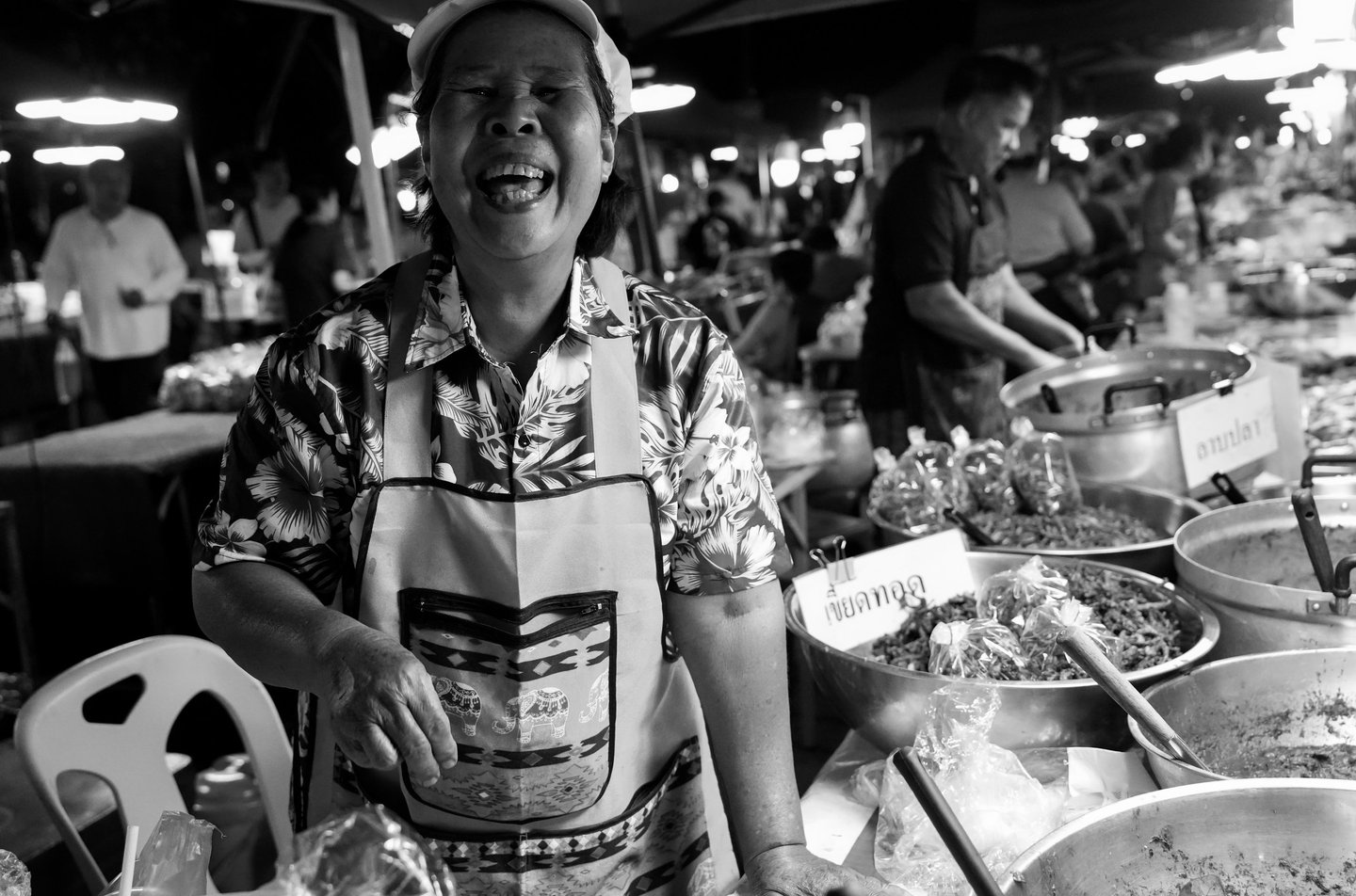 Nan street photography black and white night food stalls Thailand local life
